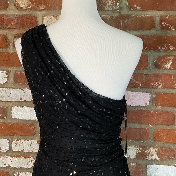 TADASHI SHOJI Black Mesh Sequin One Shoulder Dress size large Holiday New Years - Picture 7 of 10